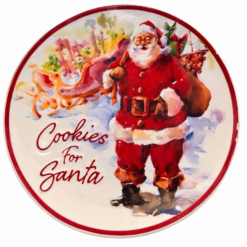 Cookies for Santa Christmas Plate 9” Santa Claus Sleigh Holiday Earthenware